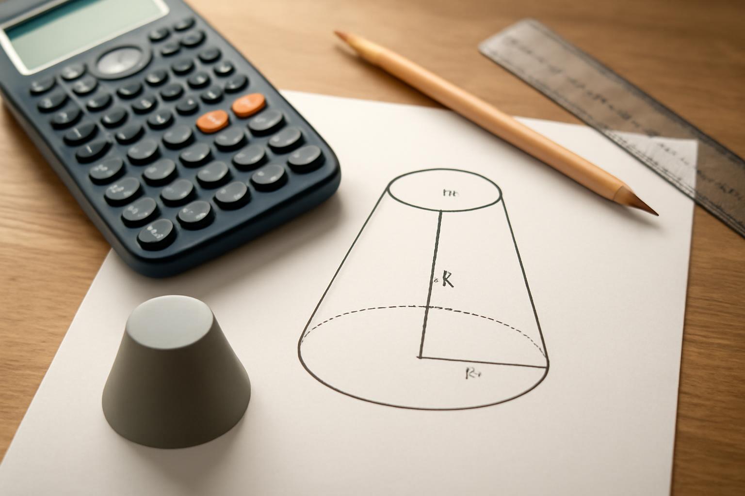 Csonkagúla rajza, számológép és ceruza egy asztalon.