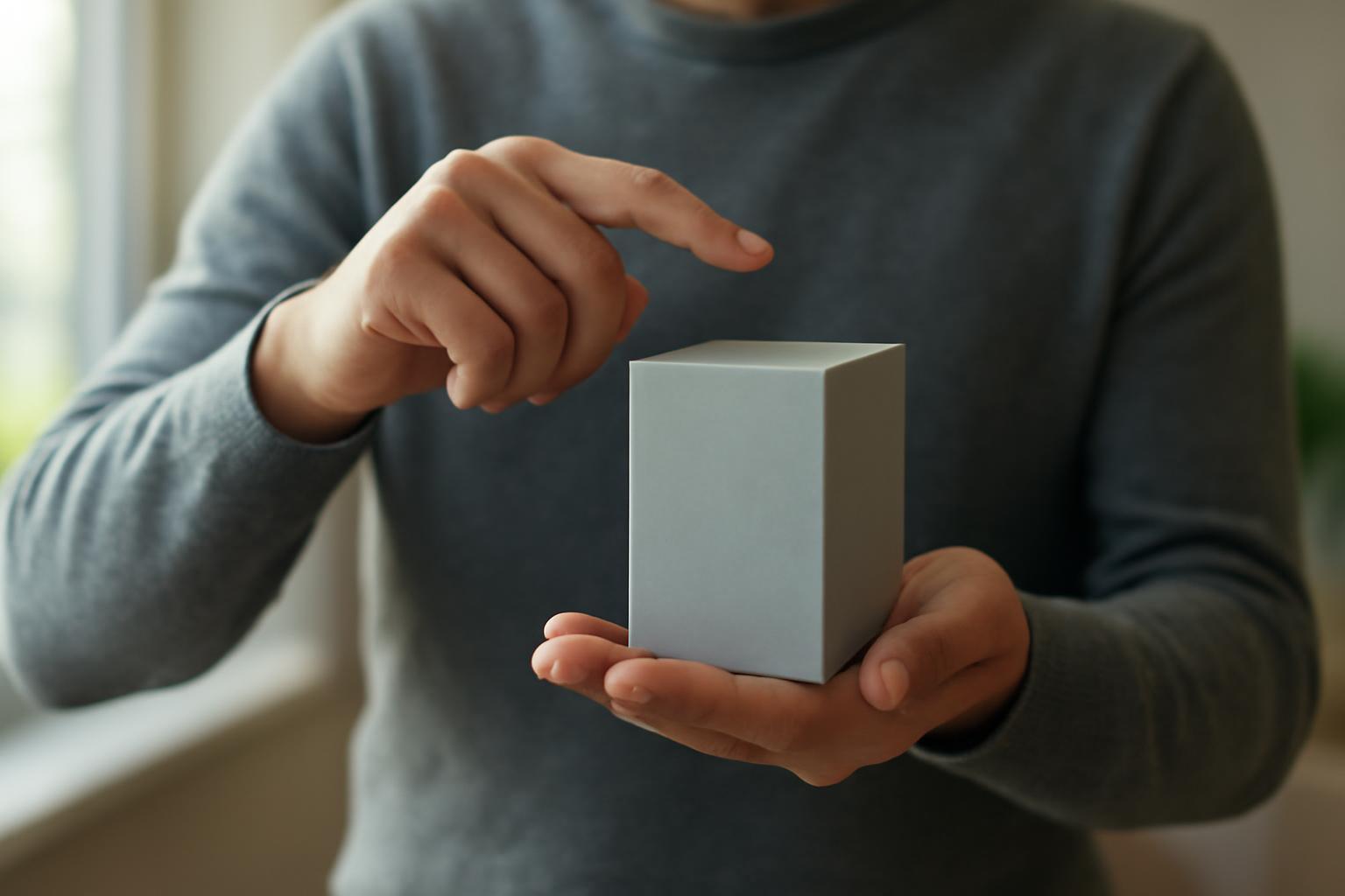 Egy férfi egyenes hasábot tart a kezében, mutatóujjával rámutatva.