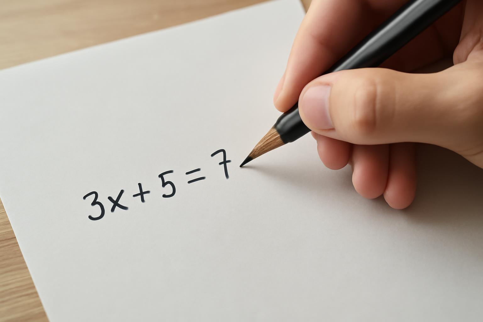 Egy kéz egy papíron lévő egyenletet ír, amely 3x + 5 = 7 formában van.