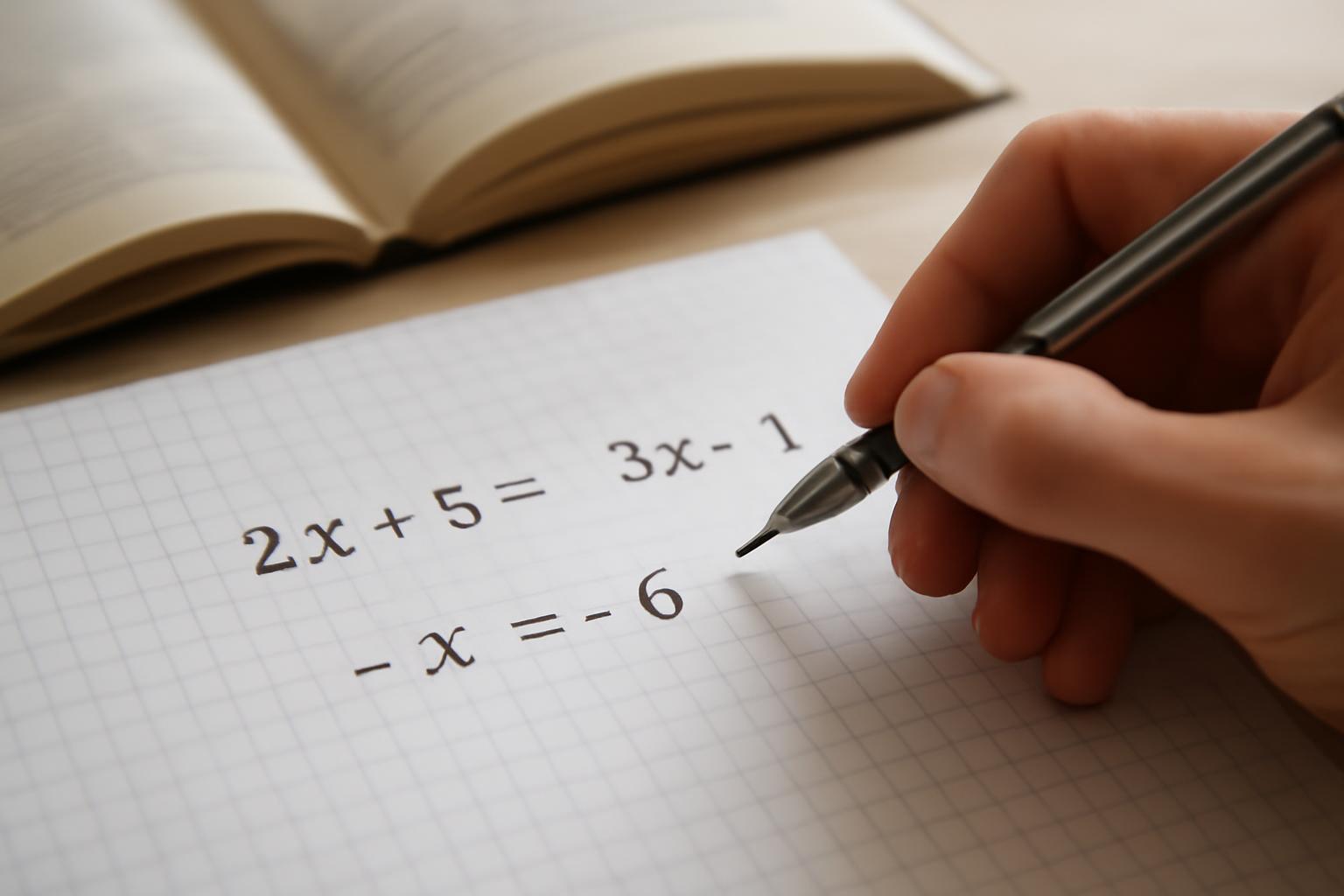 Egy kézírásos egyenlet rendezése papíron, háttérben egy nyitott könyv.