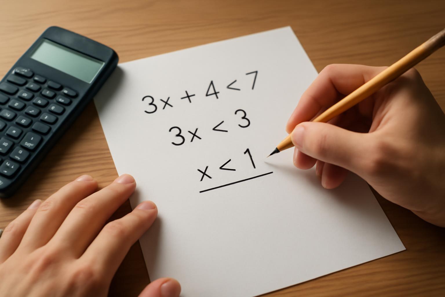 Egy kéz ceruzával írja a 3x + 4 < 7 egyenlőtlenséget egy papírlapra.