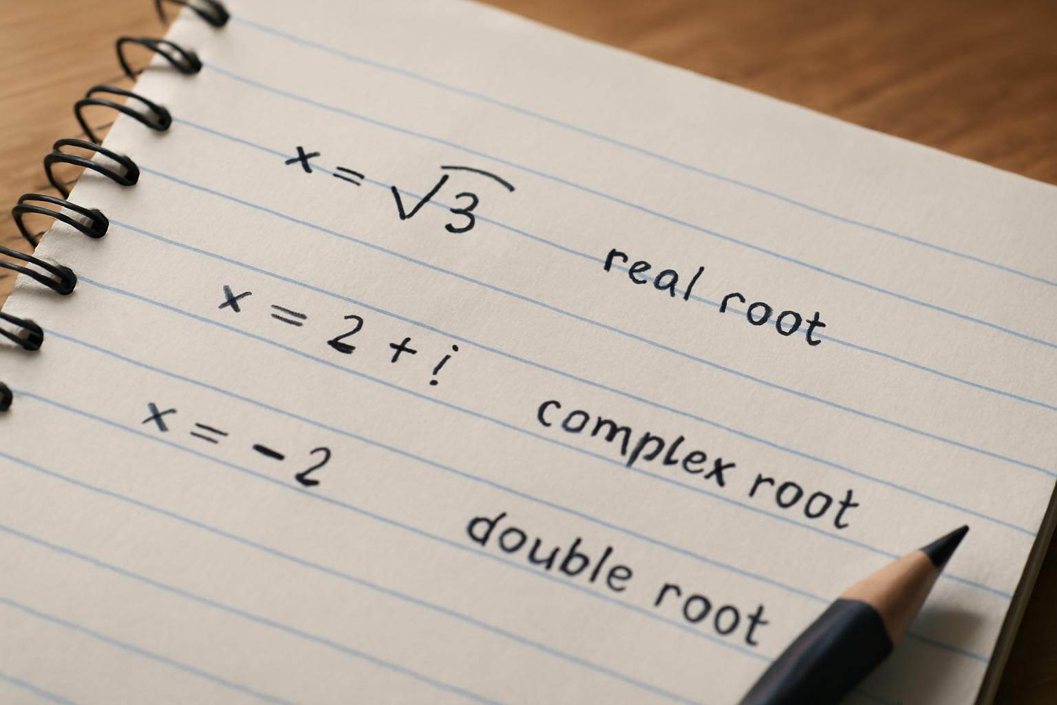 Egy jegyzetfüzet lapján három különböző gyök típus látható: valós, komplex és kettős gyök.