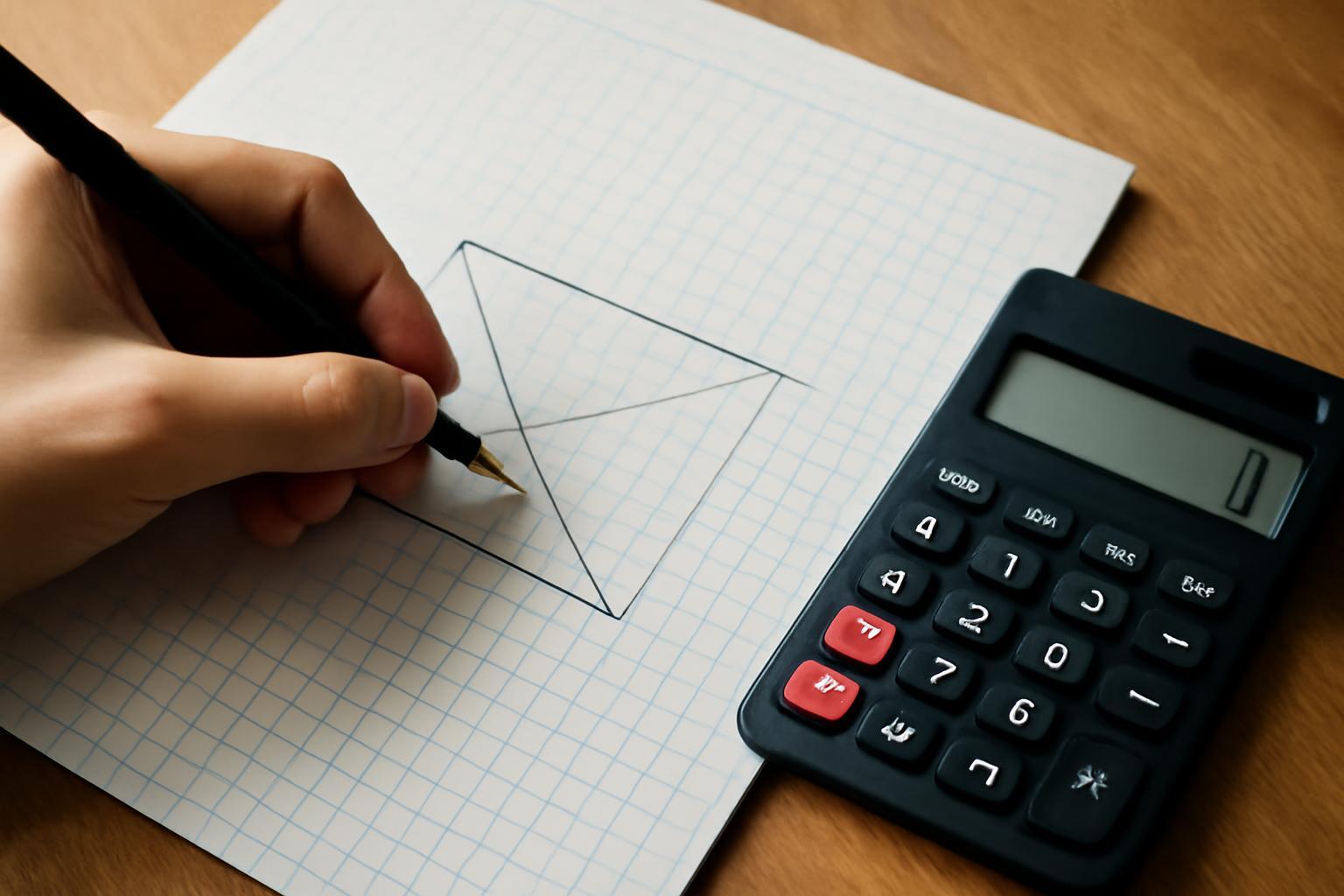 Egy kézírásos sokszög ábrázolása, mellette egy számológép.