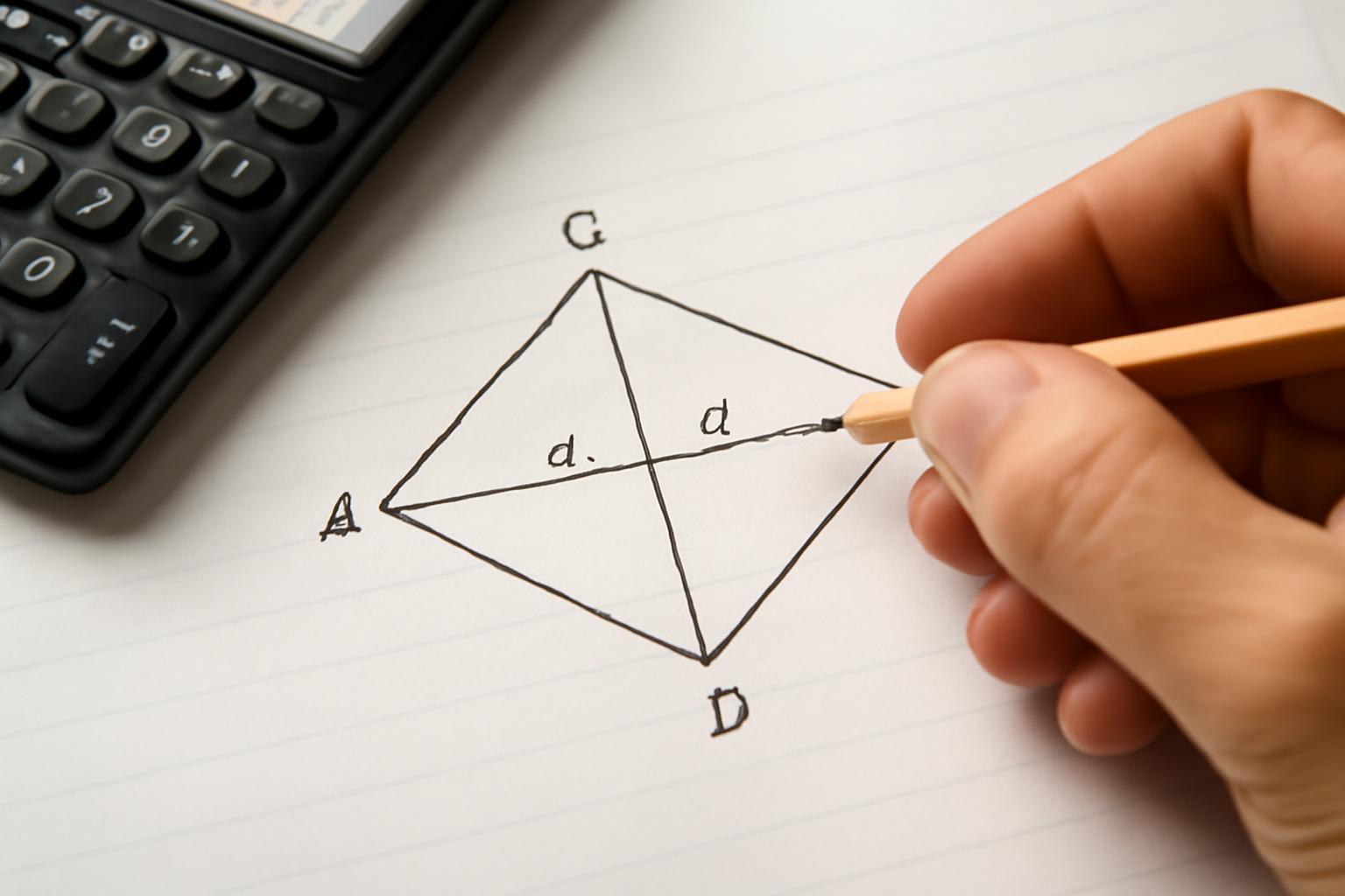 Egy deltoid ábrázolása, ahol a diagonálisok hossza és a pontok jelölve vannak.