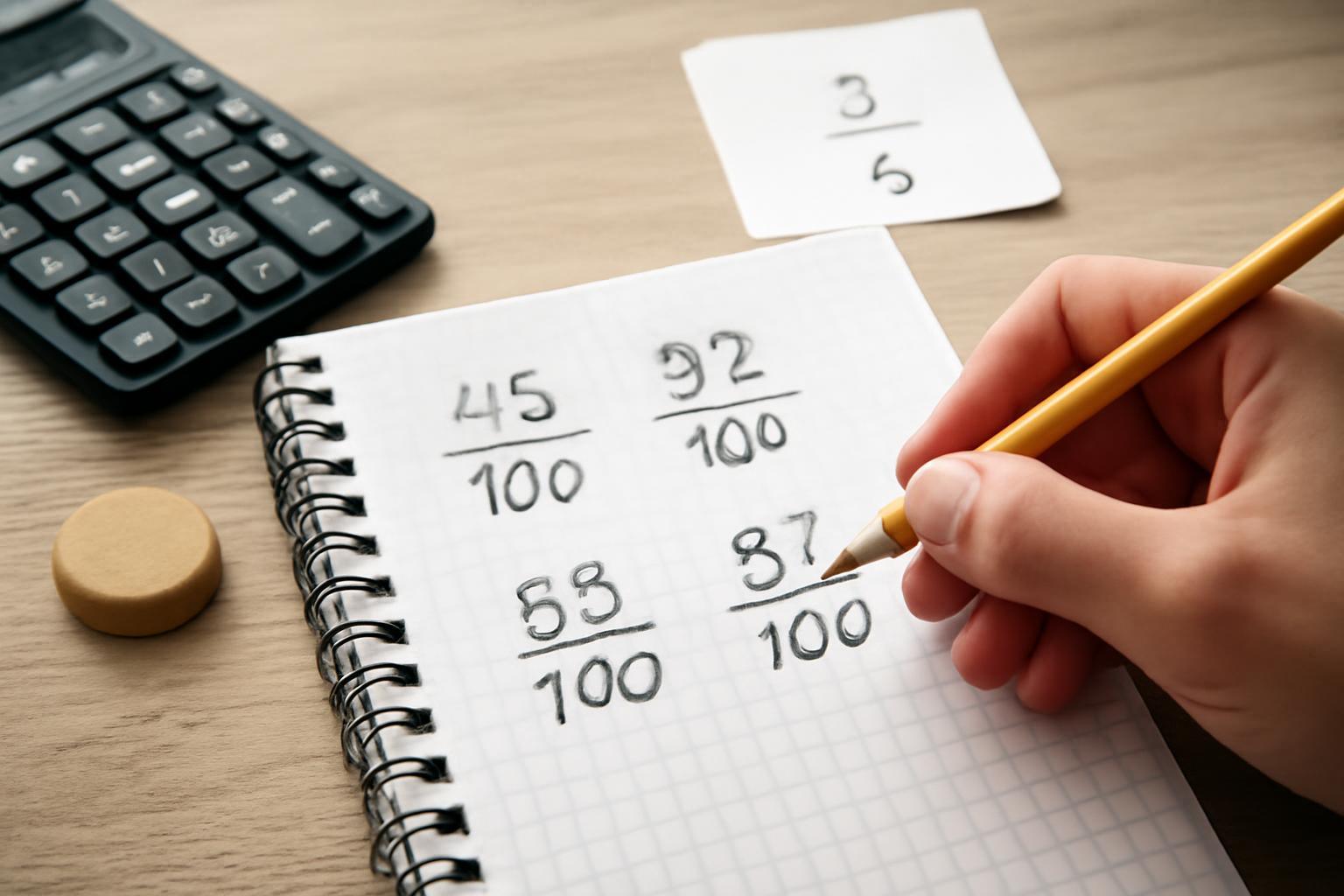 Kétjegyű számokkal adott törtek írása egy jegyzetfüzetben, ceruzával.