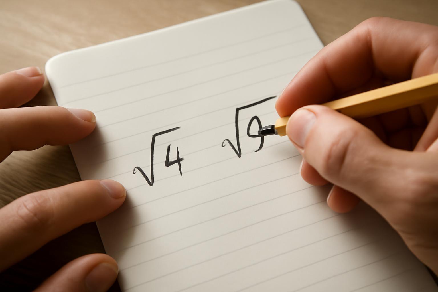 Két gyökjel, a négyzetgyök 4 és a négyzetgyök 9, egy jegyzetfüzeten.