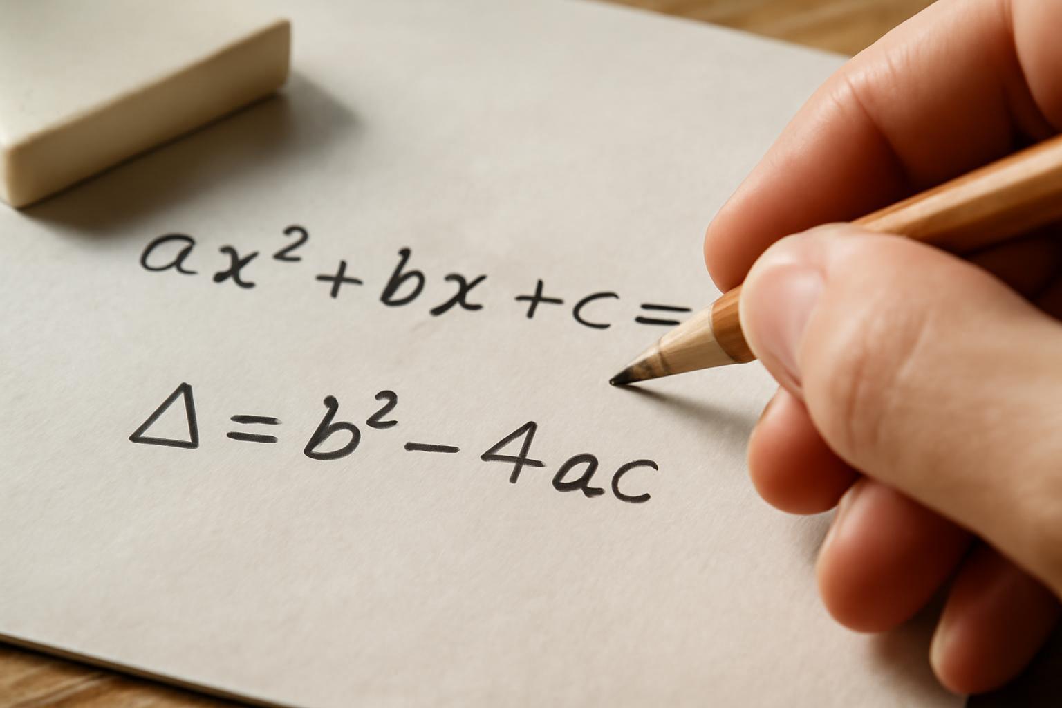 Egy kéz ceruzával írja a másodfokú egyenlet és a diszkrimináns képletét papírra.