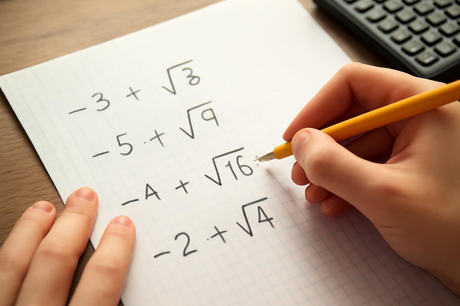Egy kéz egy papírlapon matematikai műveleteket ír, beleértve gyökvonásokat.