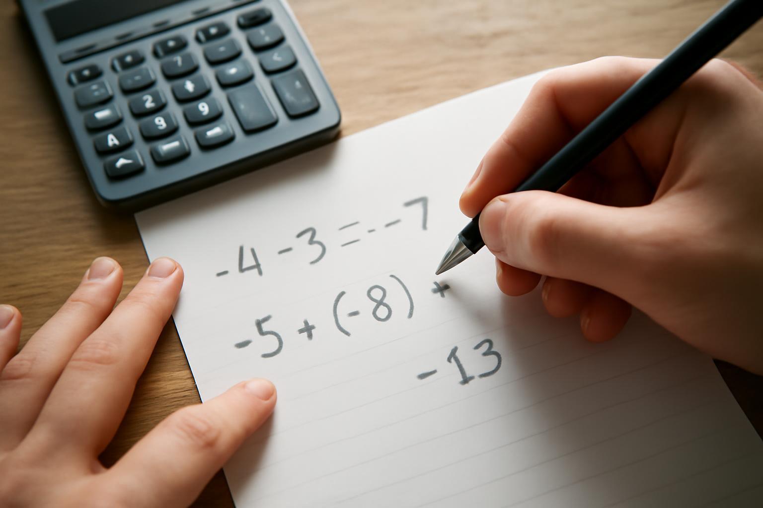 Egy kéz papíron matematikai műveleteket végez negatív számokkal.