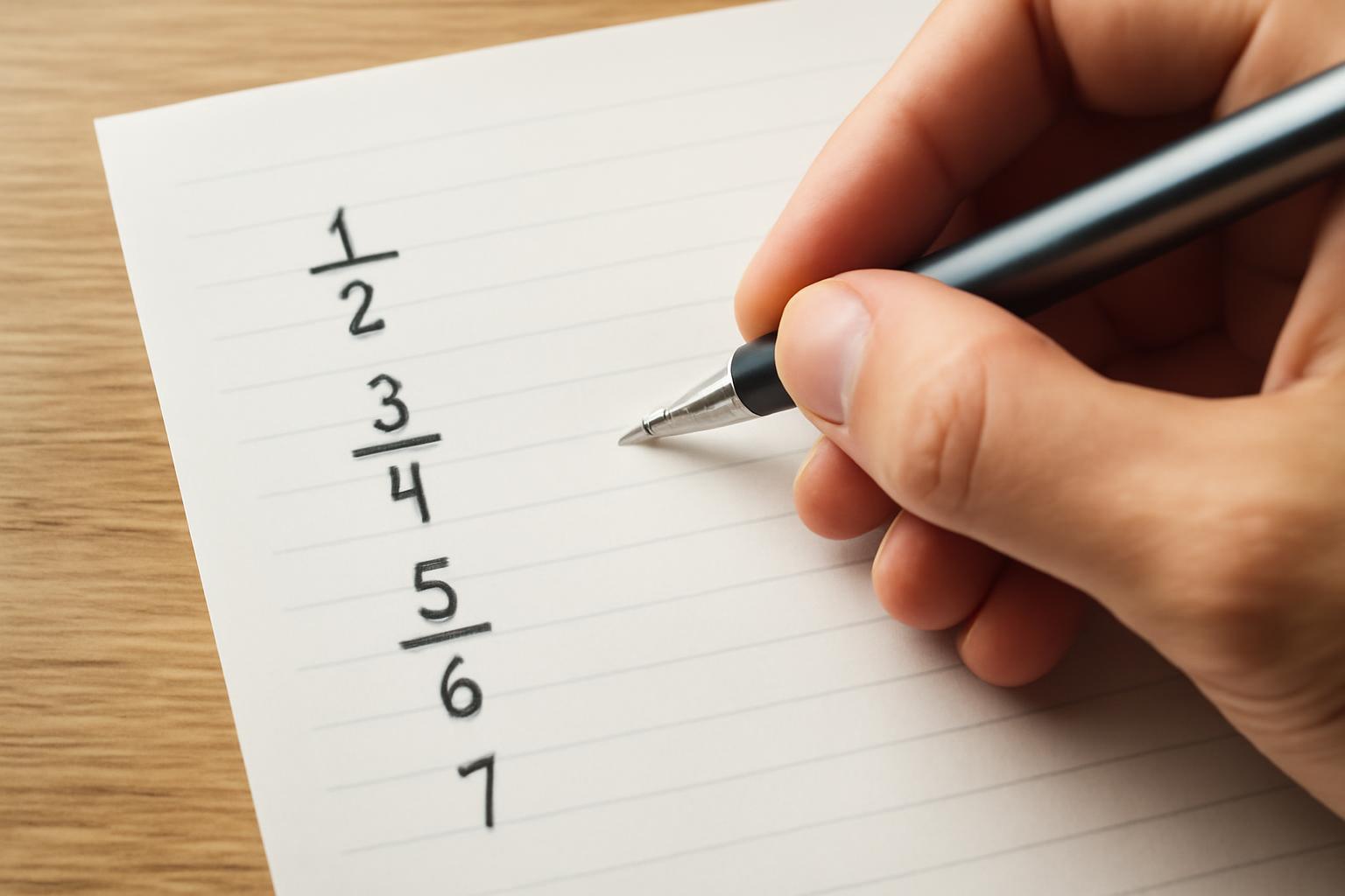 Egy kéz egy tollal ír egyjegyű számlálókat és nevezőket egy papírlapra.
