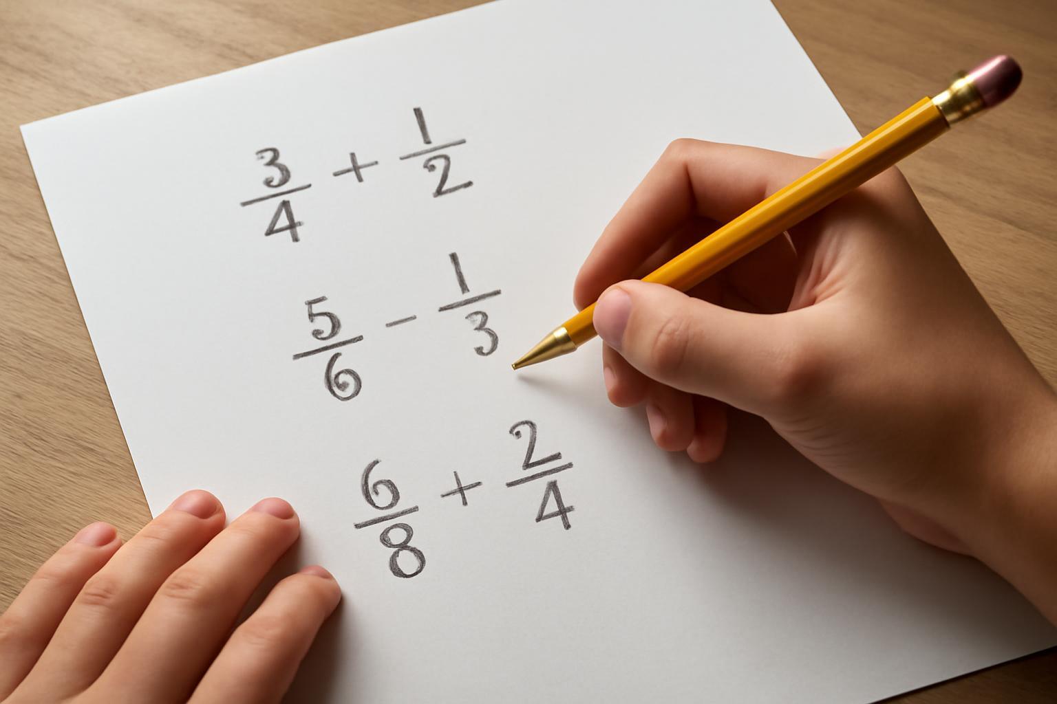 Egy kéz egy sárga tollal törteket ír egy papírra, példák láthatók.