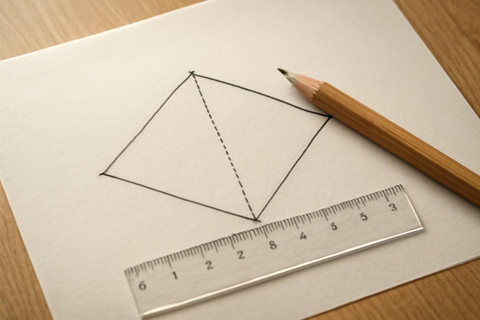 Egy rombusz rajza vonalzóval és ceruzával, a terület számításához.