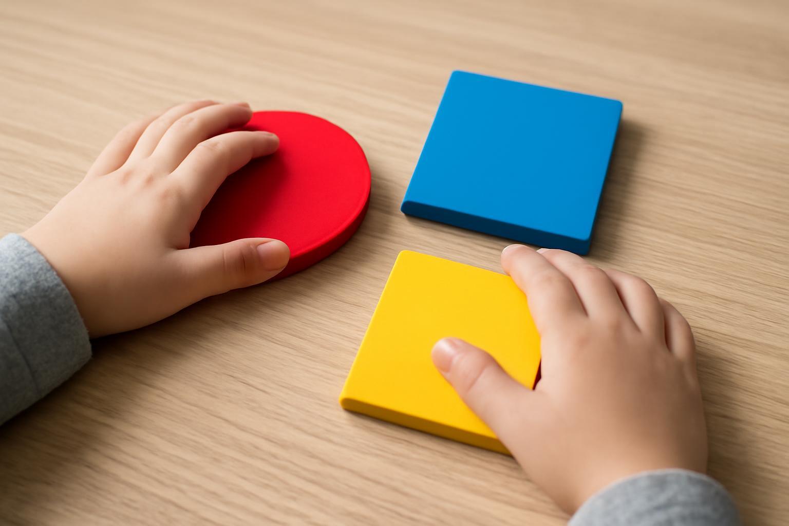 Egy gyermek keze egy piros kört és két színes négyzetet érint a faasztalon.