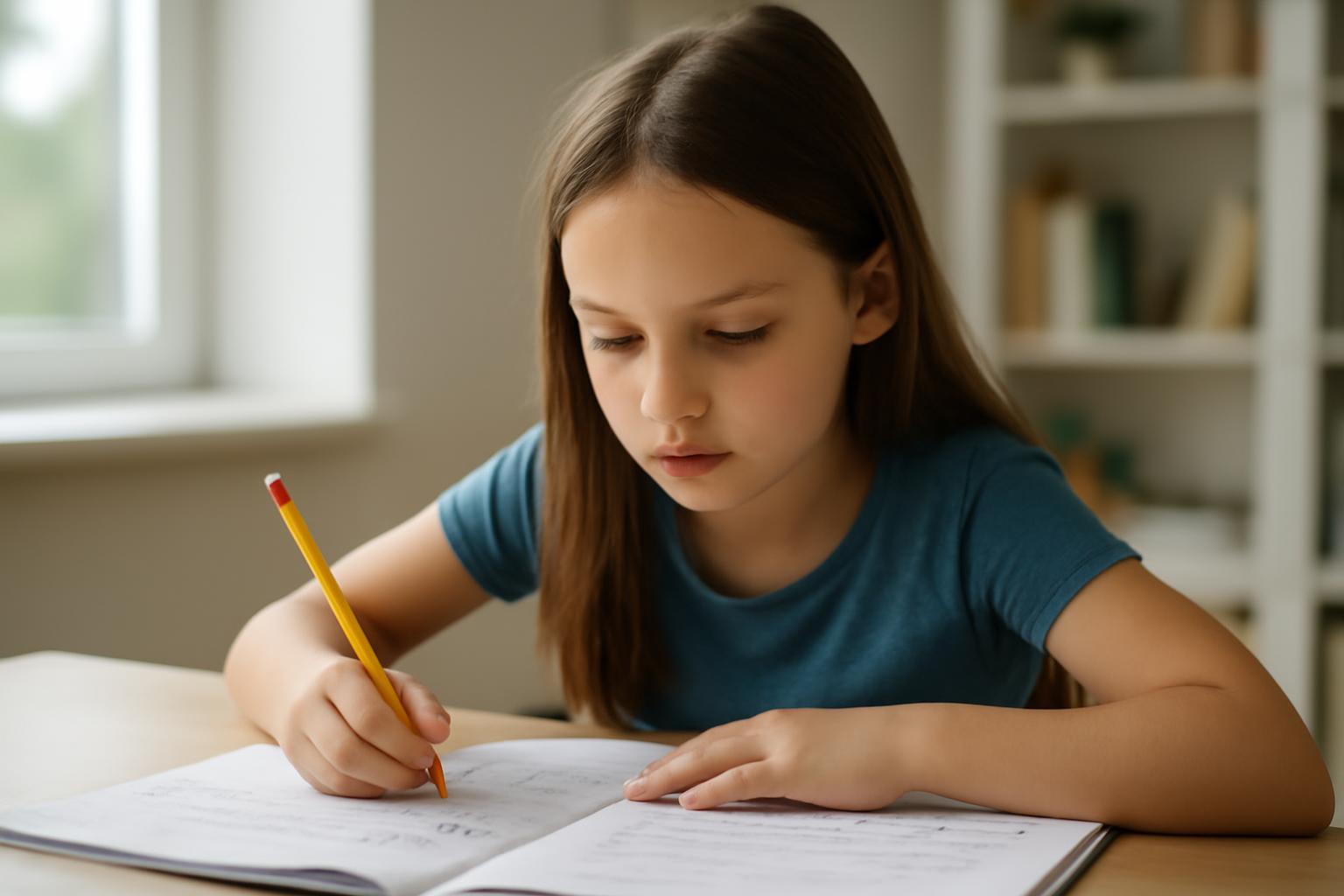 Egy fiatal lány figyelmesen dolgozik egy matematikai feladaton a füzetében.