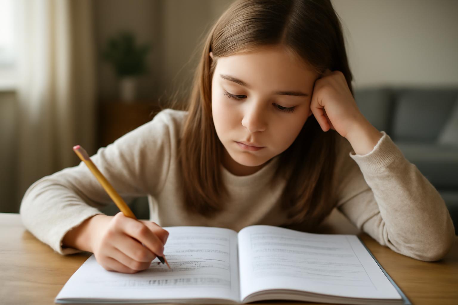 Egy lány szöveges feladatot old meg egy füzetben, koncentrált arccal.