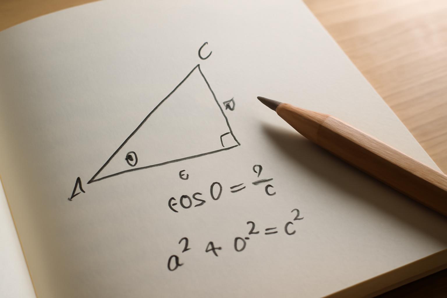 Egy háromszög ábrázolása, mellette a cos tétel és a Pitagorasz tétel képletei.