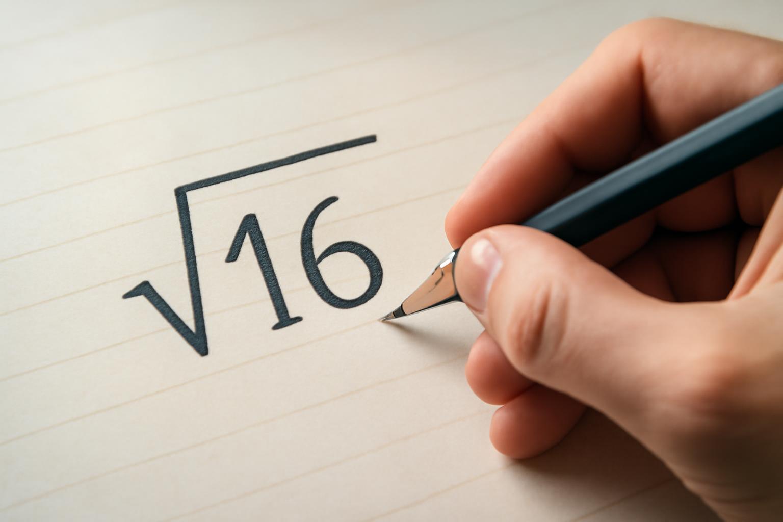 Egy kéz írja a négyzetgyök jelet és a 16-ot egy jegyzetfüzetbe.