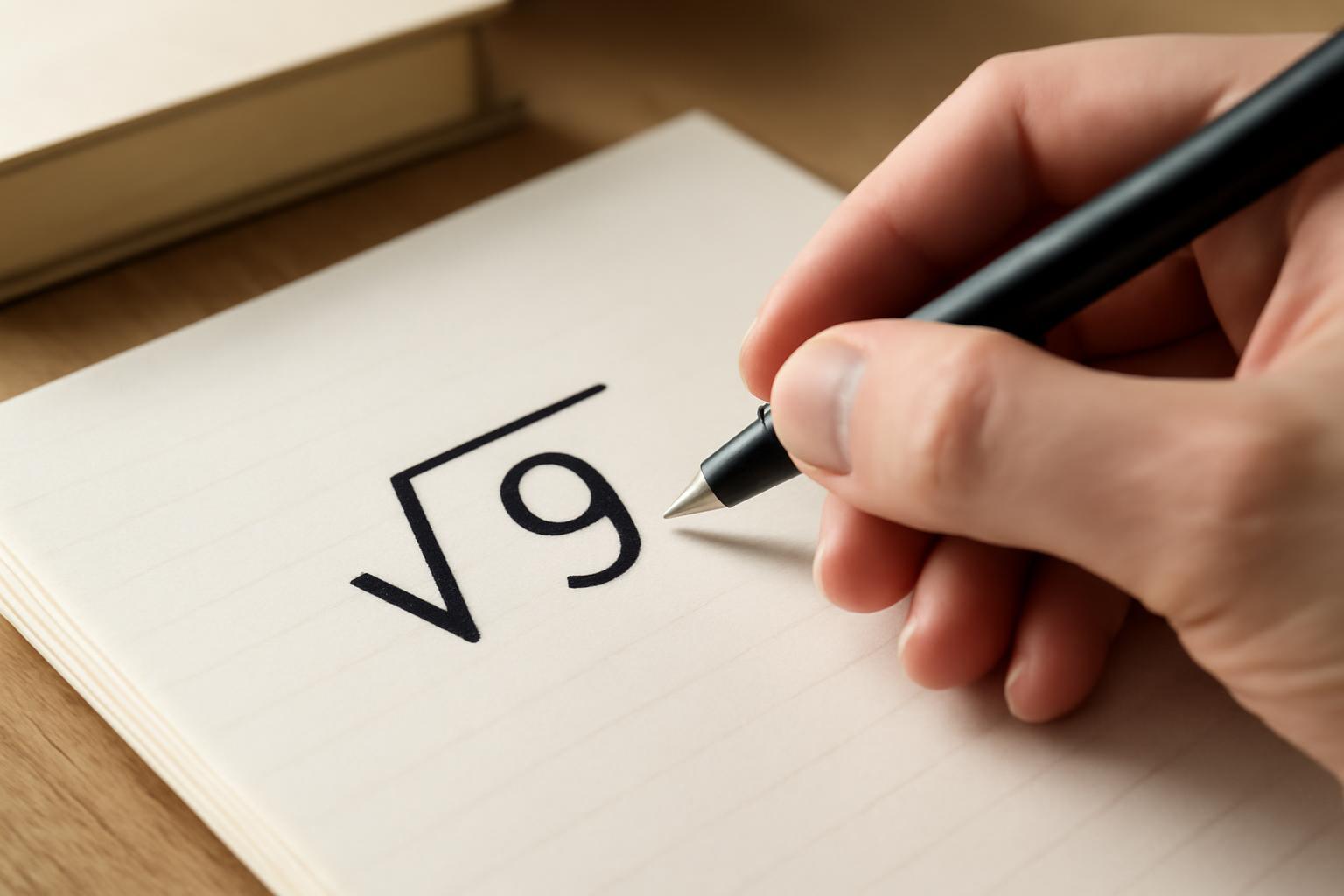 Egy kéz egy papírlapon a négyzetgyök jelét és a 9-es számot rajzolja.