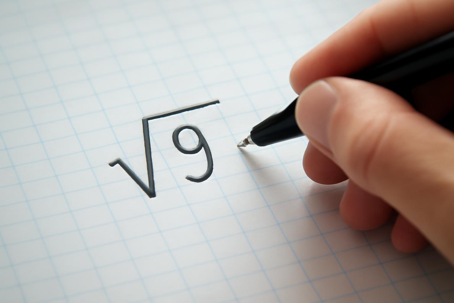 Egy kéz egy tollal négyzetgyök jelet és a 9-es számot rajzol egy négyzetrácsos papírra.