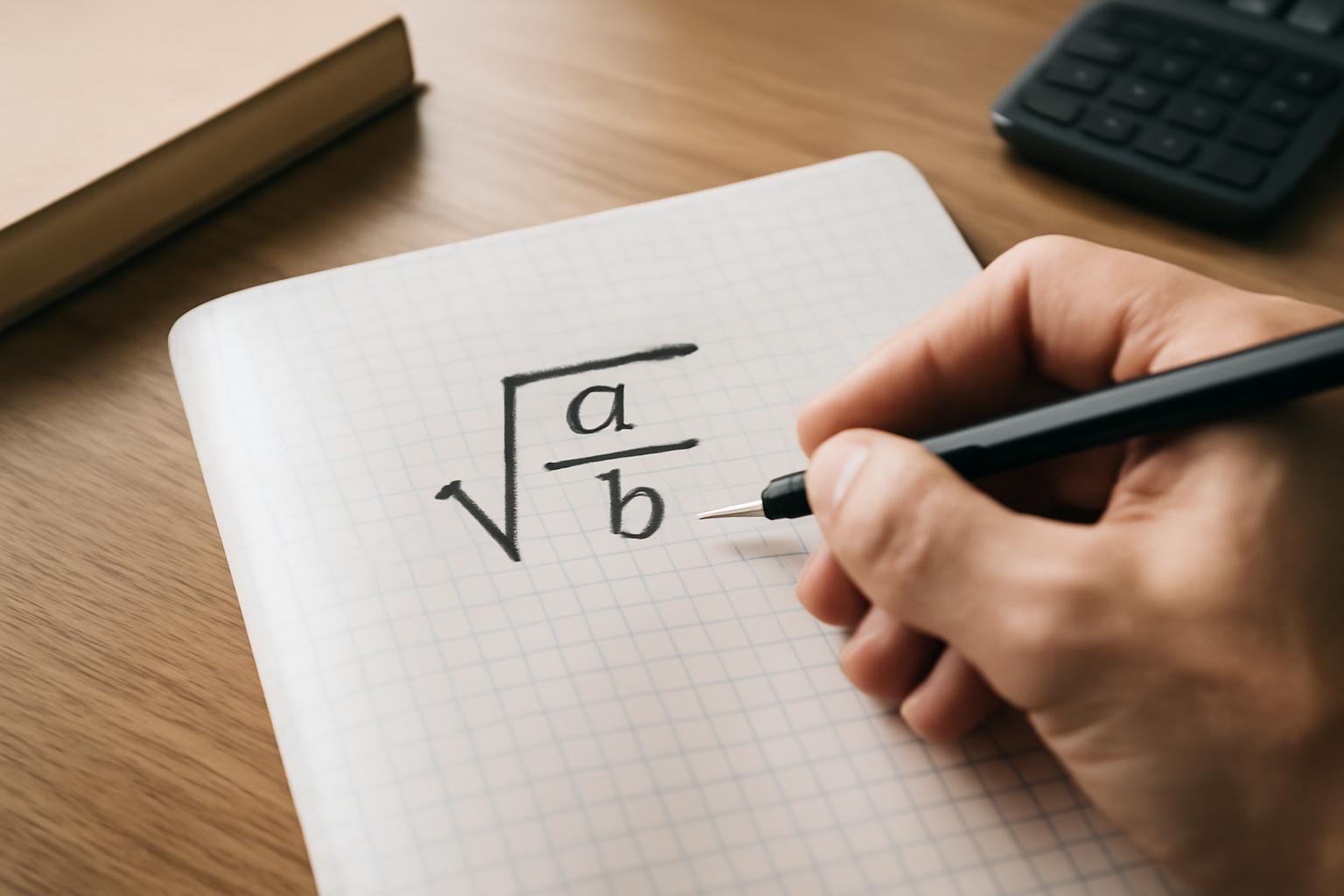 Egy kéz négyzetgyök hányadosát ábrázoló képletet ír egy füzetbe.