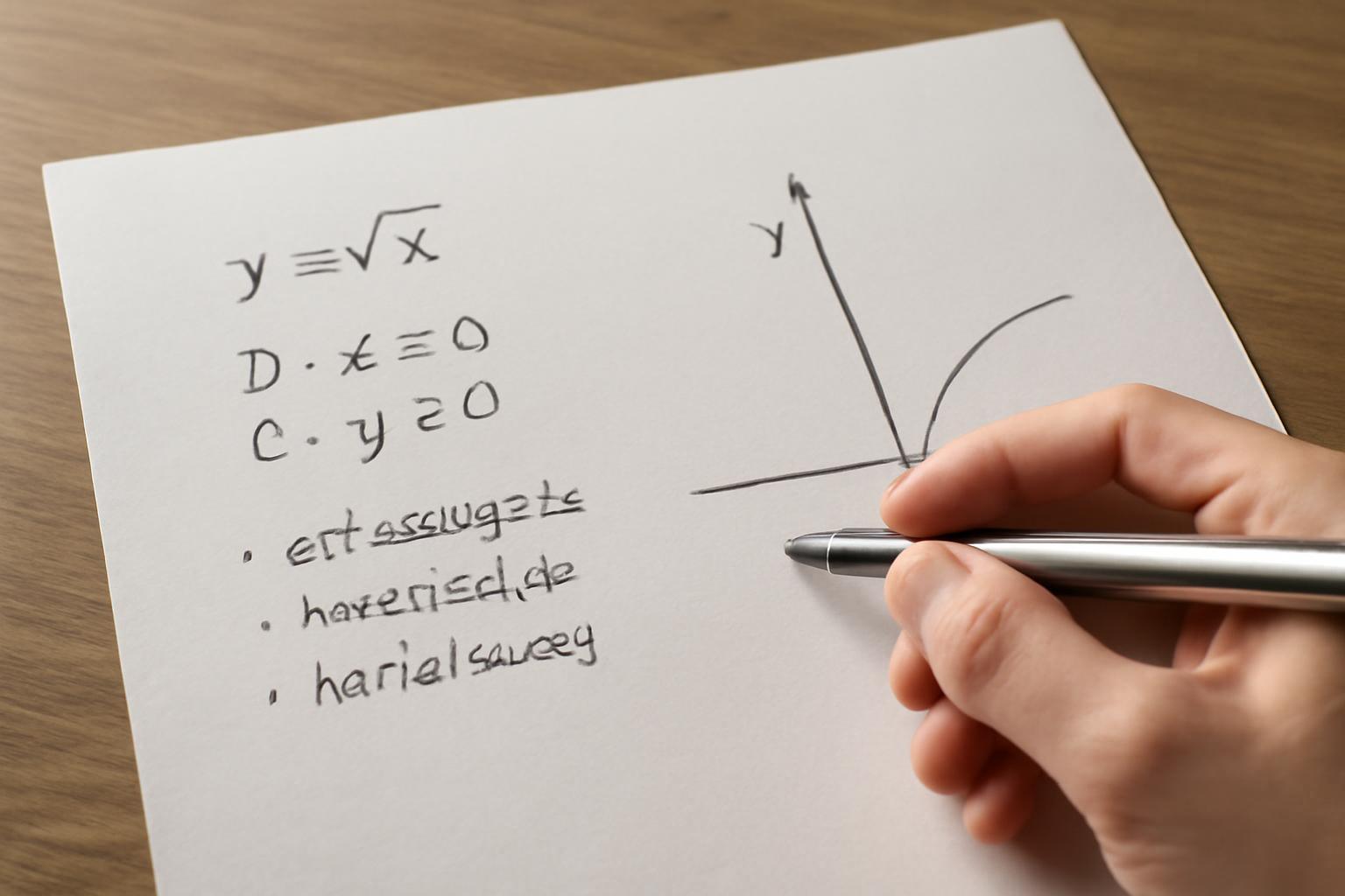 Egy kézírásos papírlap, amelyen a négyzetgyökfüggvény és tulajdonságai láthatók.