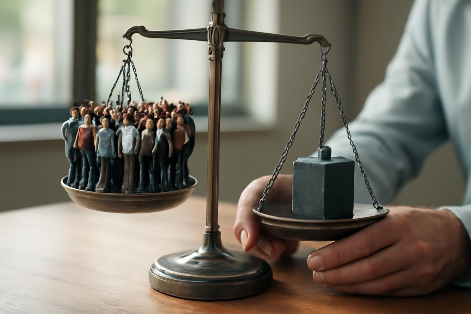 Egy mérleg, amelyen emberek figurái és egy kocka súly található.