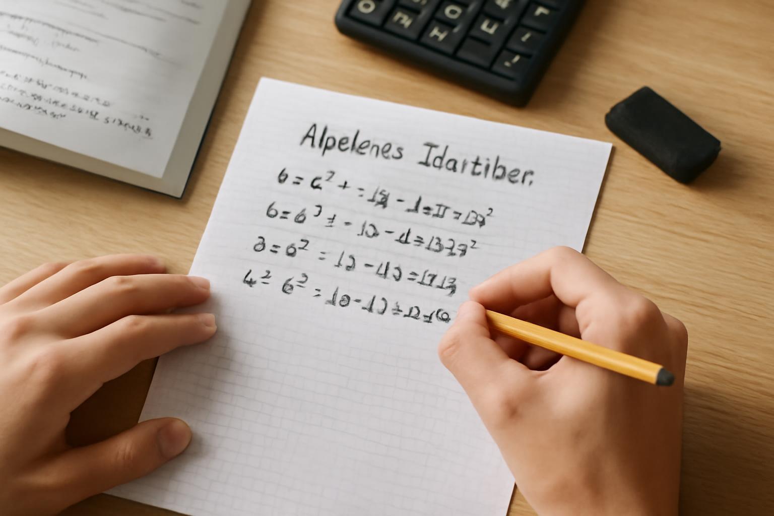 Egy diák keze egy jegyzetfüzeten algebrai azonosságokat ír, ceruzával.