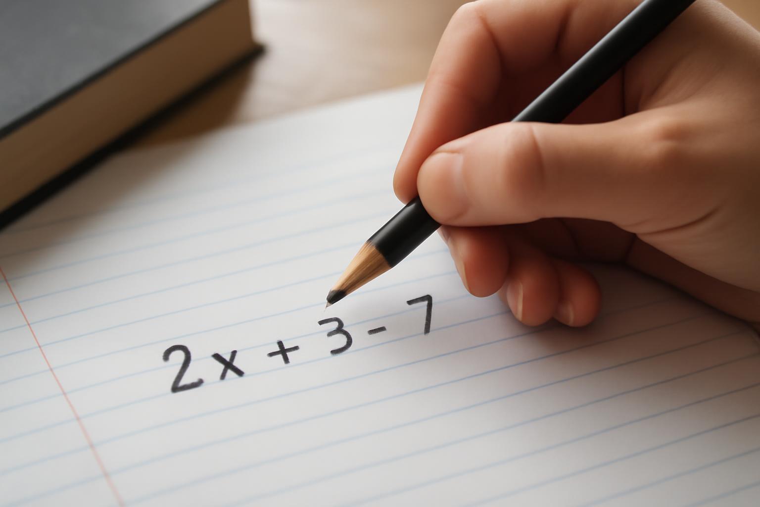 Egy kéz egy ceruzával algebrai kifejezést ír a papírra, amely 2x + 3 - 7.