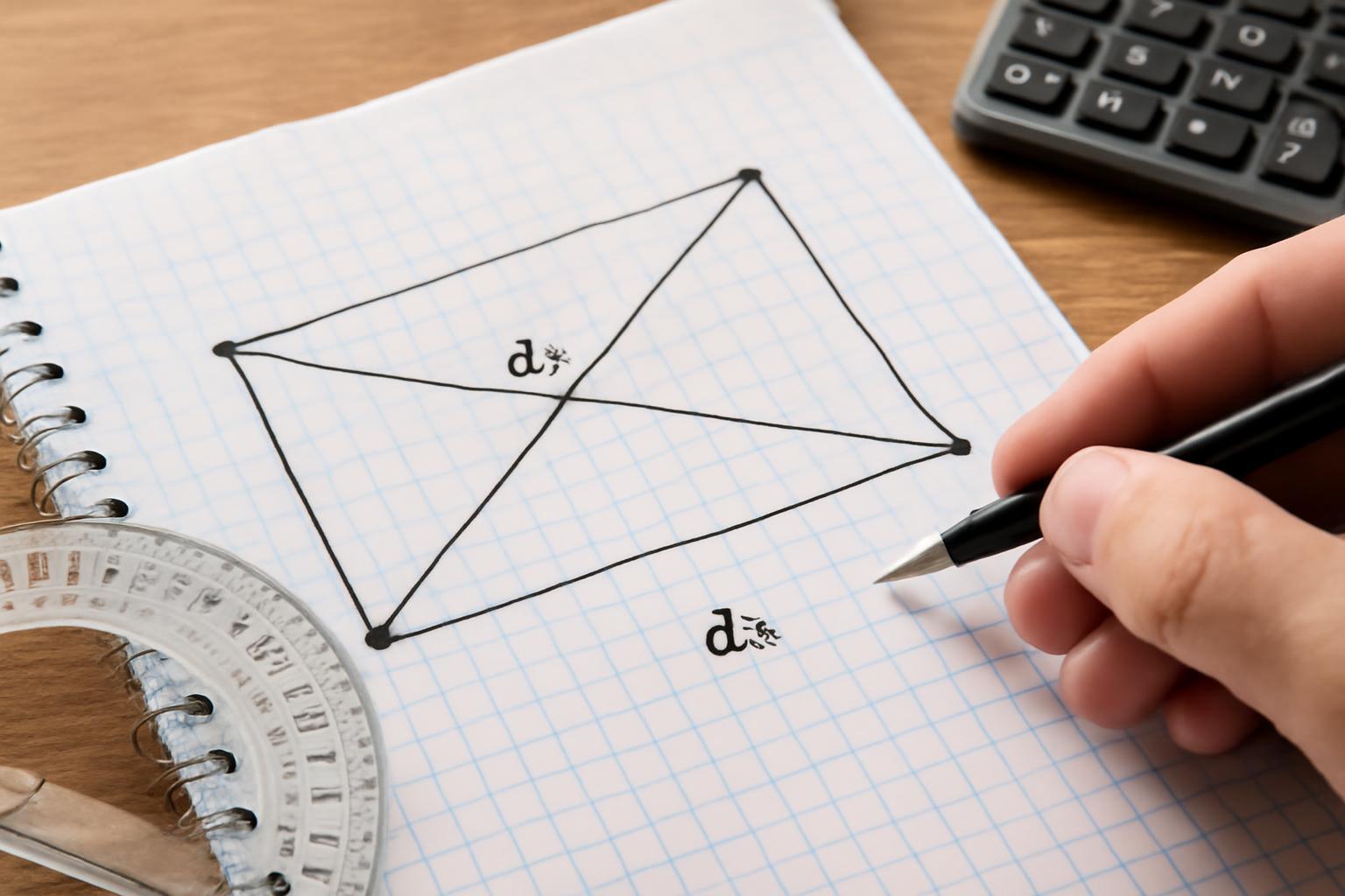 Egy kézírásos vázlat átlókkal és mértékegységekkel egy négyzetben.