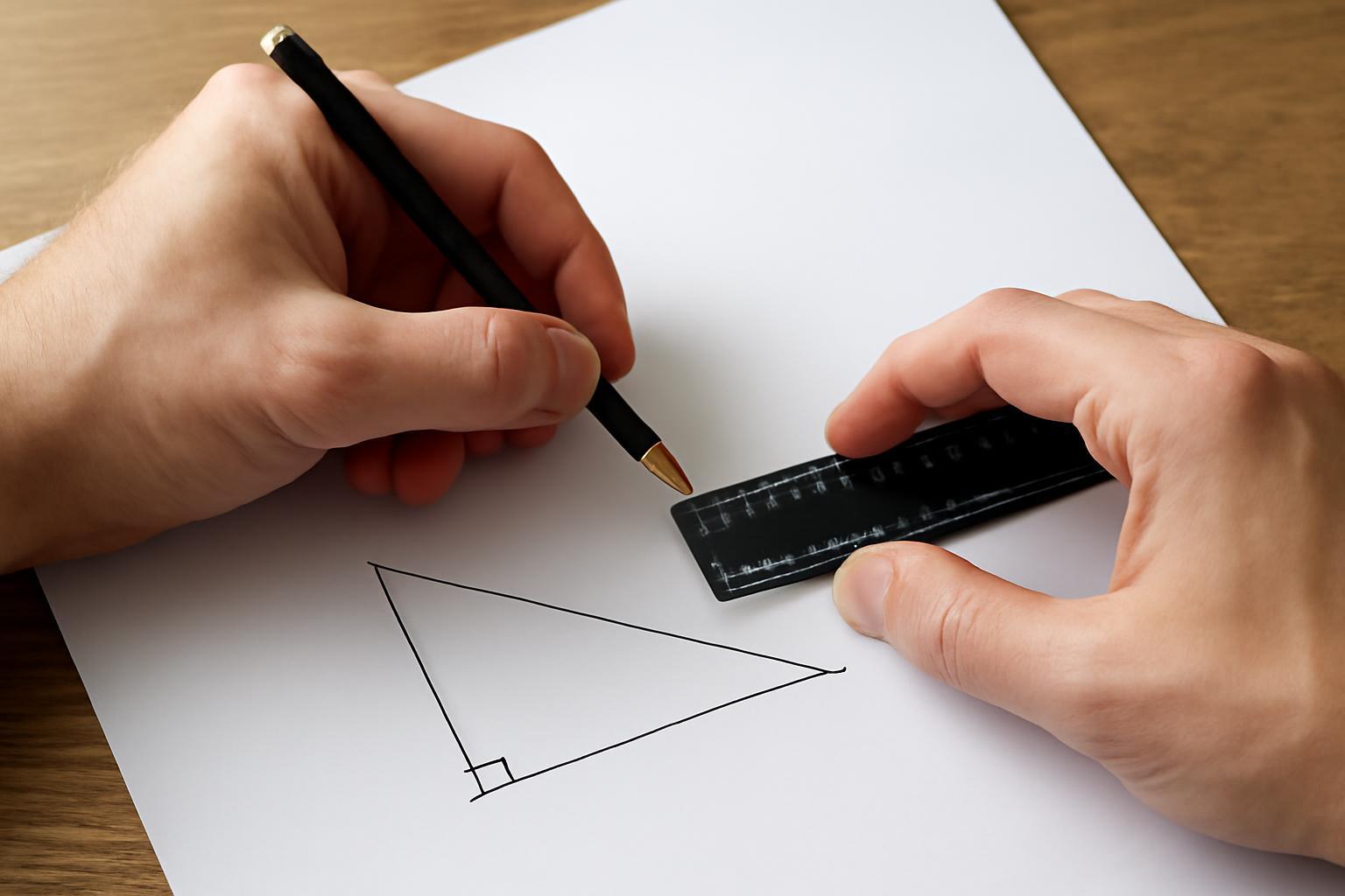 Két kéz egy vonalzóval és ceruzával átlót rajzol egy háromszögben.