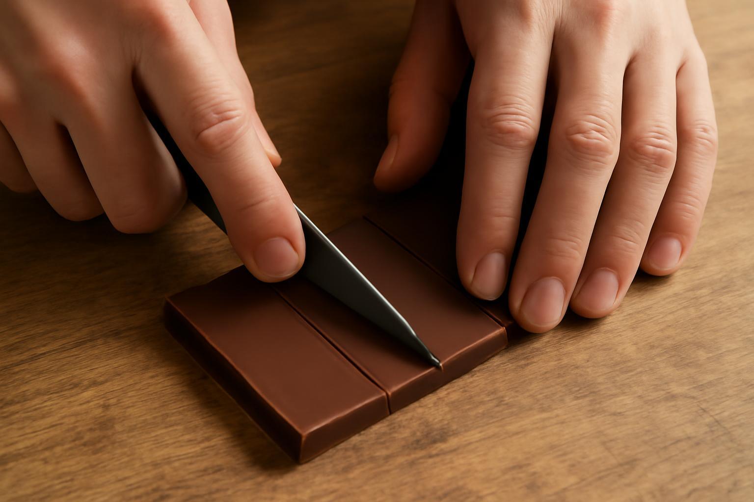 Egy kéz csokoládét szeletel, bemutatva az osztás folyamatát.