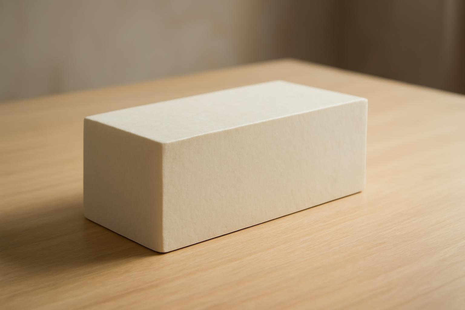 Egyenes hasáb formájú tárgy, világos háttér előtt, asztalon.