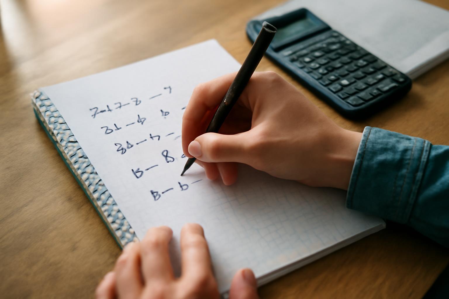 Egy kéz egy jegyzetfüzetben egyenleteket ír, mellette egy számológép látható.