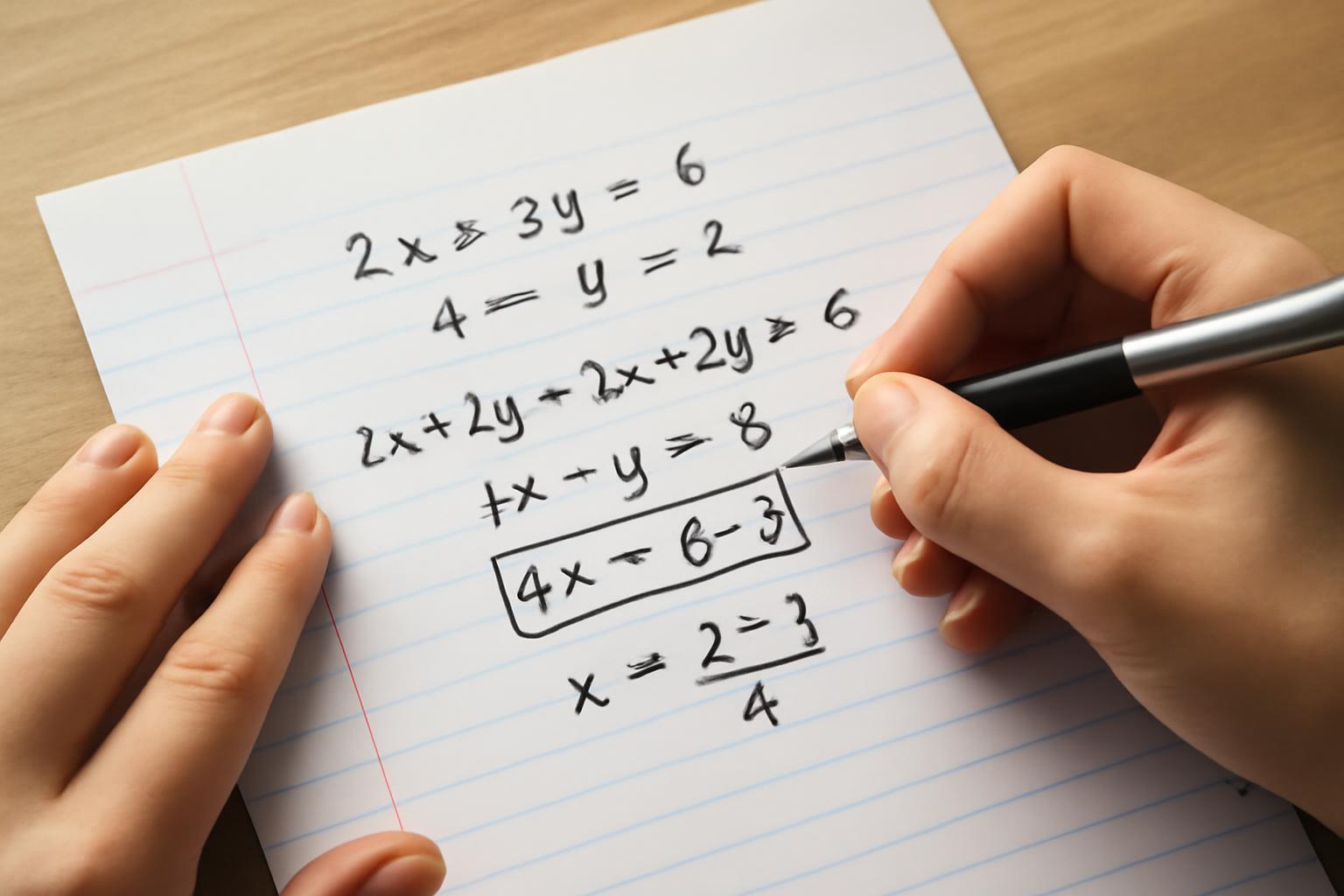 Egy diák egyenletrendszerek megoldásán dolgozik, papíron írt képletekkel.