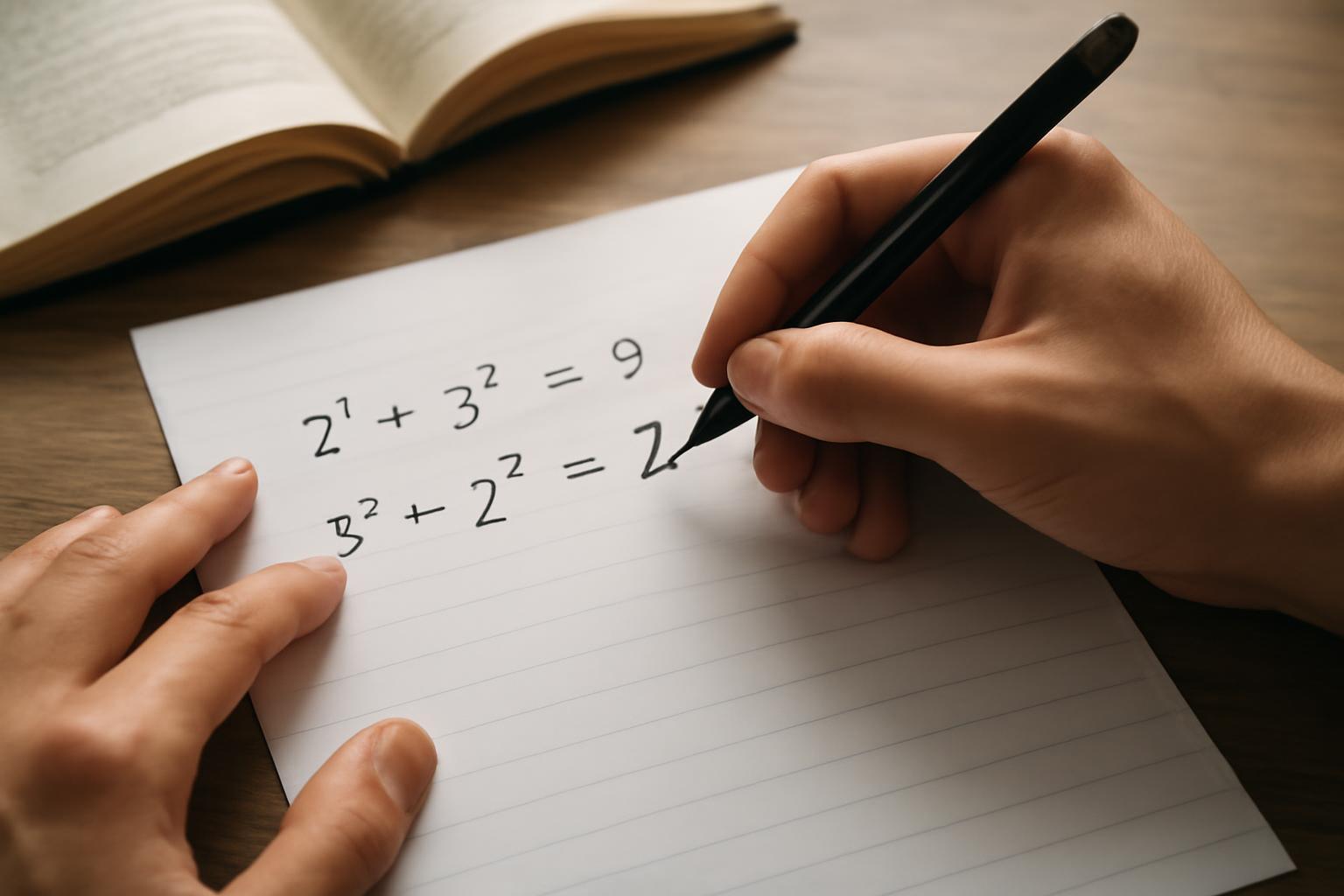 Kéz egy papírlapon exponenciális egyenleteket ír, háttérben egy könyv.
