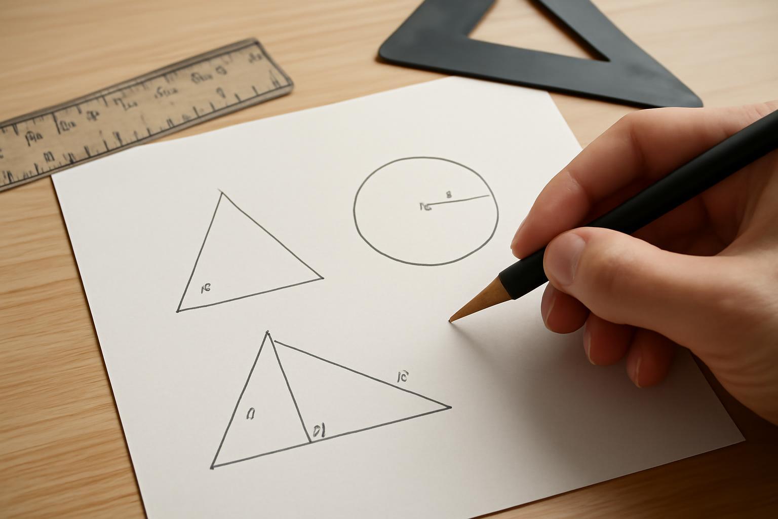 Egy kéz ceruzával geometriai alakzatokat rajzol papírra, vonalzóval.