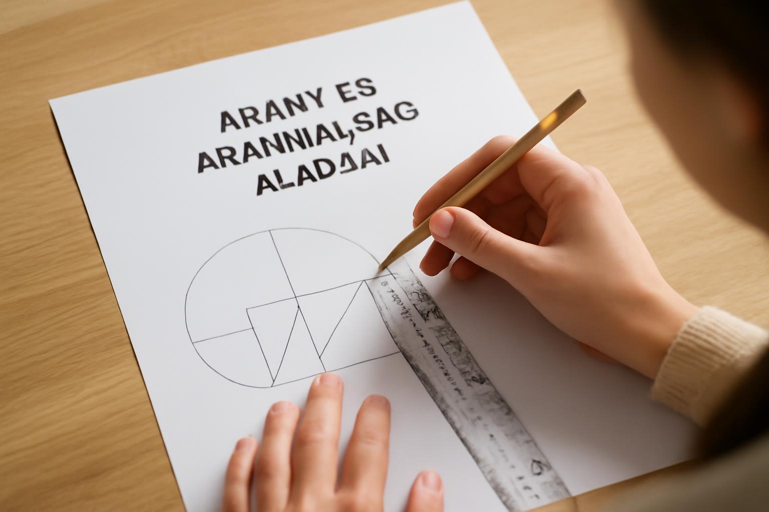 Egy kéz vonalzót használva geometriai alakzatokat rajzol egy papírlapra.