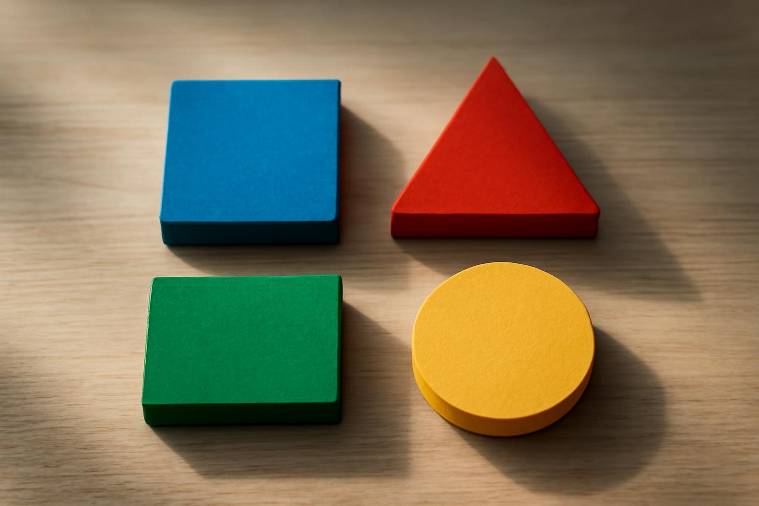 Különböző színű geometriai formák: kék négyzet, zöld téglalap, piros háromszög és sárga kör.