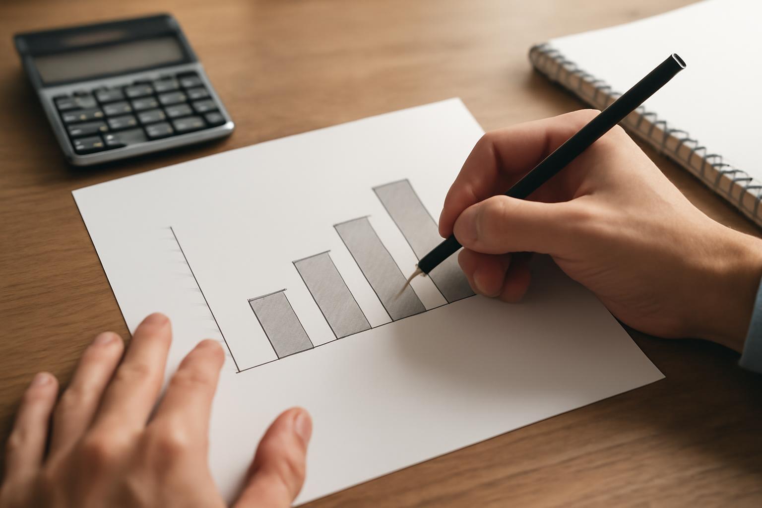 Egy kéz grafikonokat rajzol egy papírlapra, mellette egy számológép.