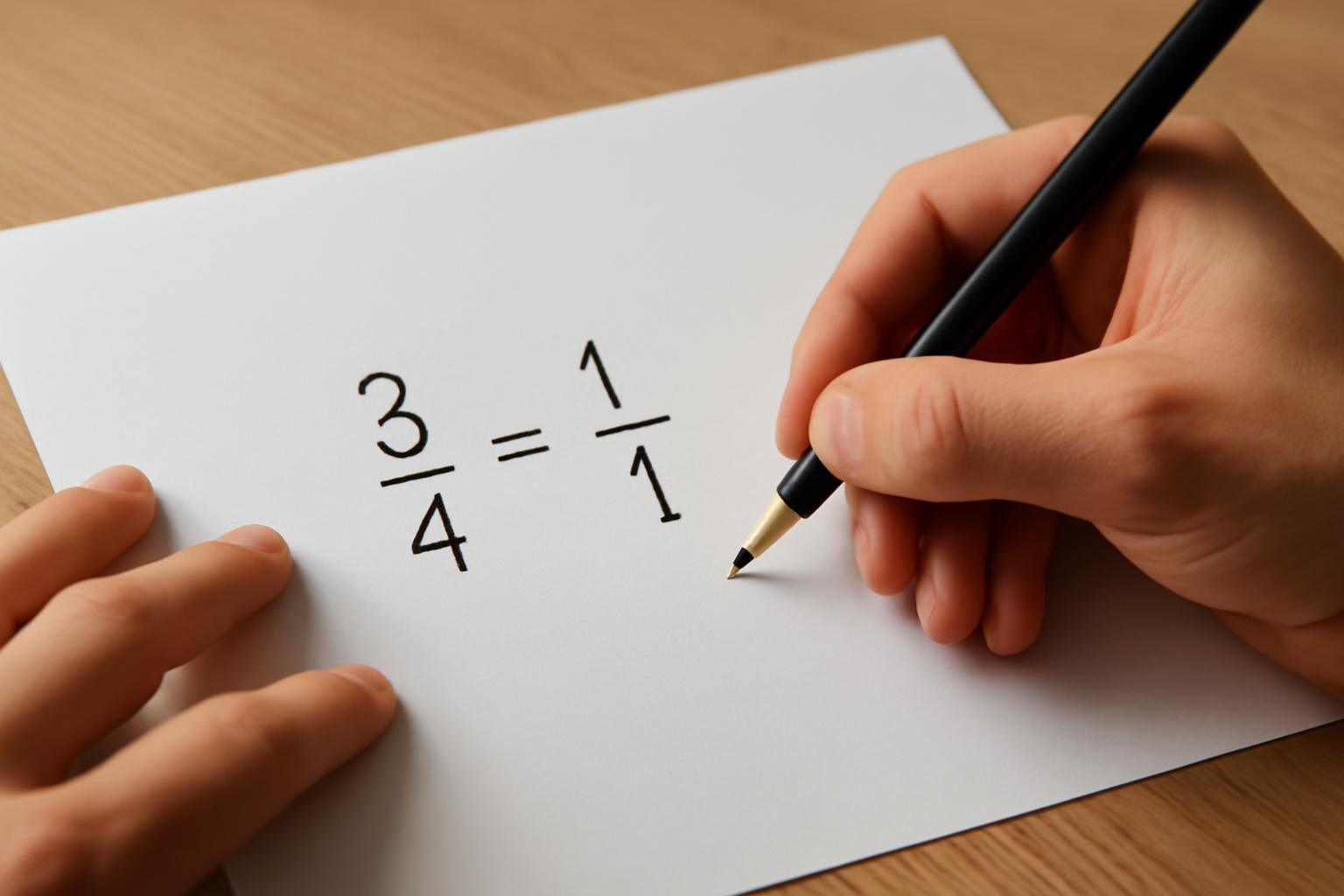 Egy kéz egy papírlapon hányadrészeket ír, 3/4 és 1/1 arányban.
