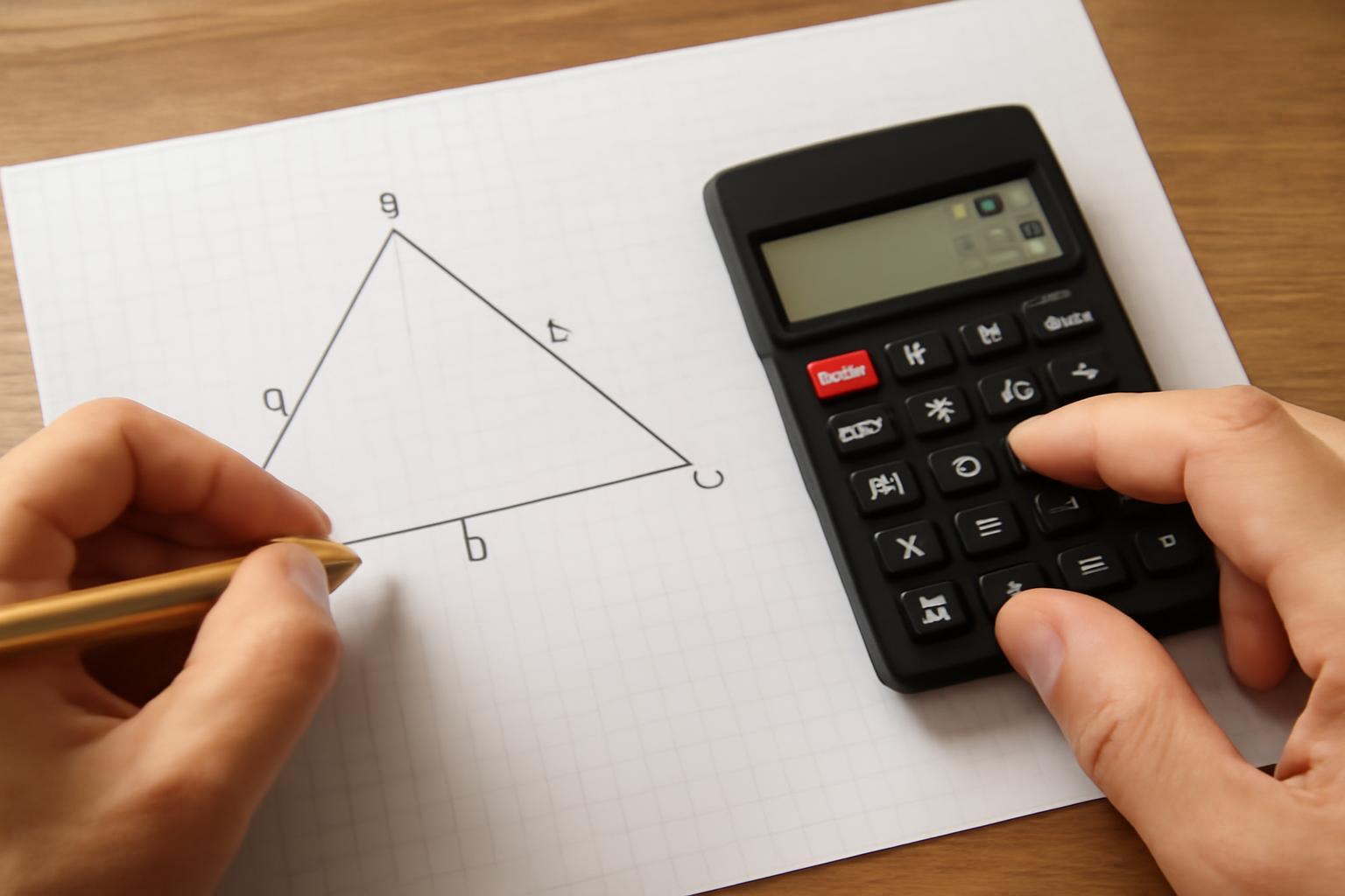 Egy kézírásos háromszög ábrázolása, mellette egy számológép.
