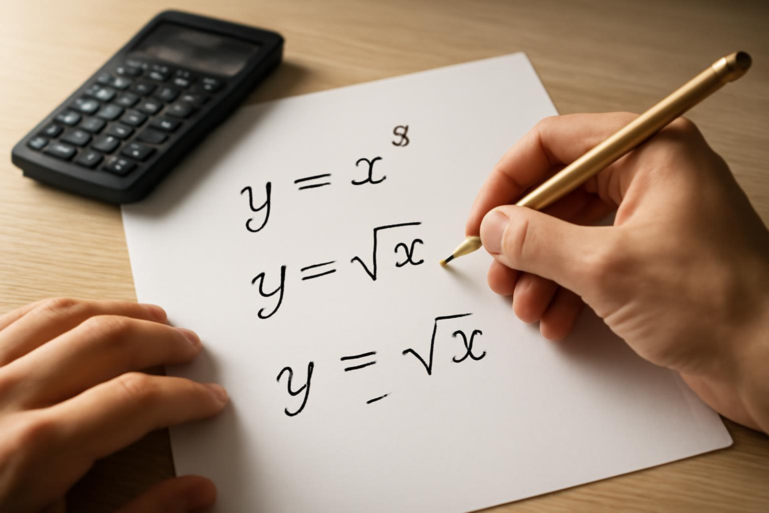 Egy kéz papíron hatvány- és négyzetgyök képleteket ír, mellette egy számológép.