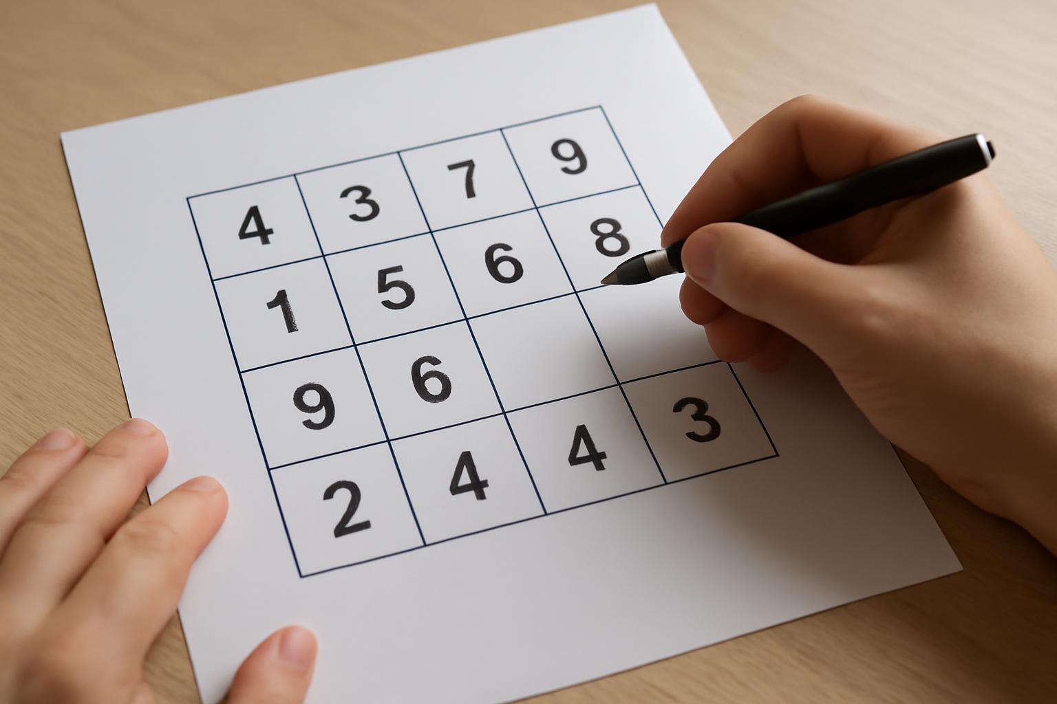 Egy gyermek keze egy számokkal teli papírlapon dolgozik, hiányzó számokat pótolva.