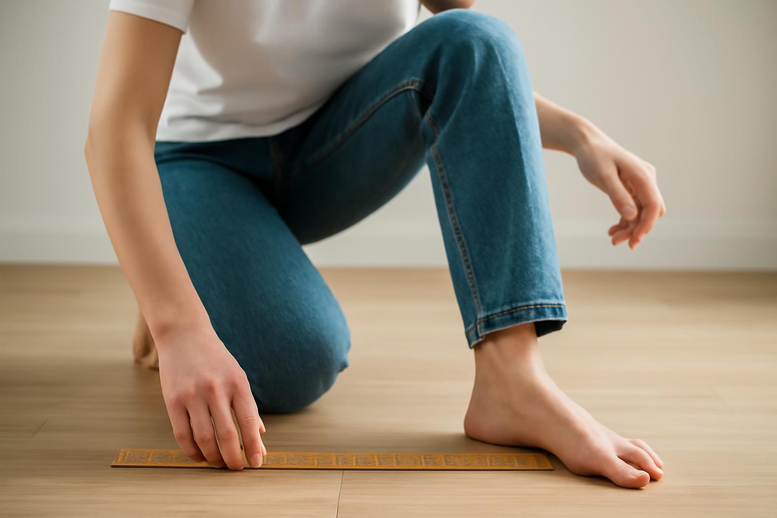 Egy személy a padlón ülve vonalzót használ a hosszúság mérésére.