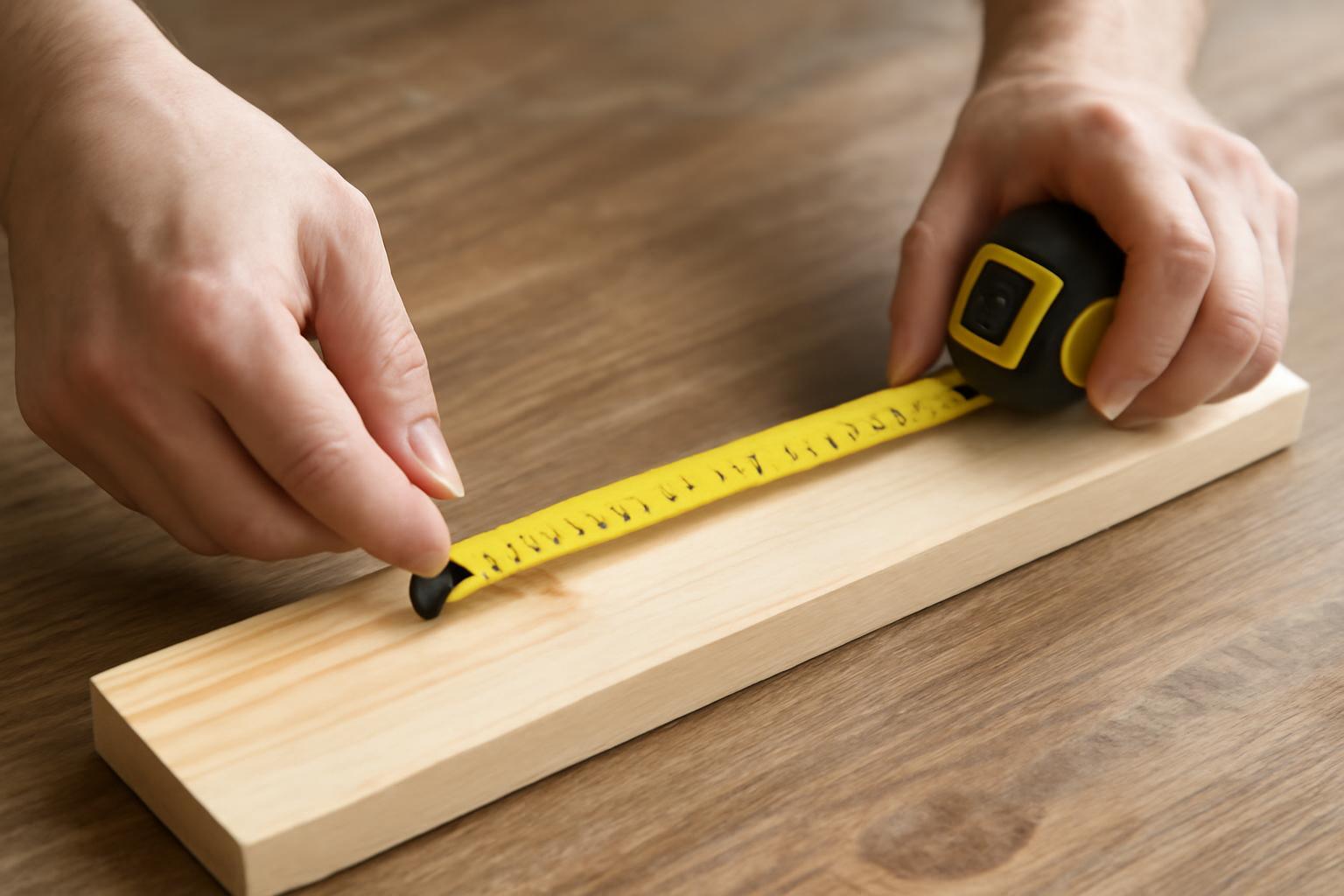 Kéz tart egy mérőszalagot, amelyet egy fa deszkán használnak hosszúság mérésére.