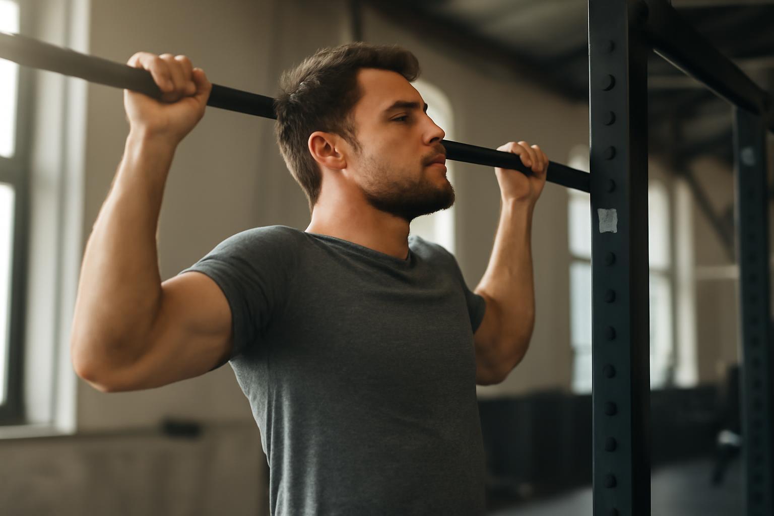 Egy fiatal férfi húzódzkodik egy edzőteremben, erősítve a felsőtestét.