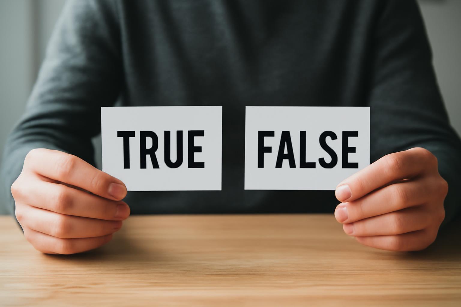Egy személy két kártyát tart a kezében, az egyik 'Igaz', a másik 'Hamis' felirattal.