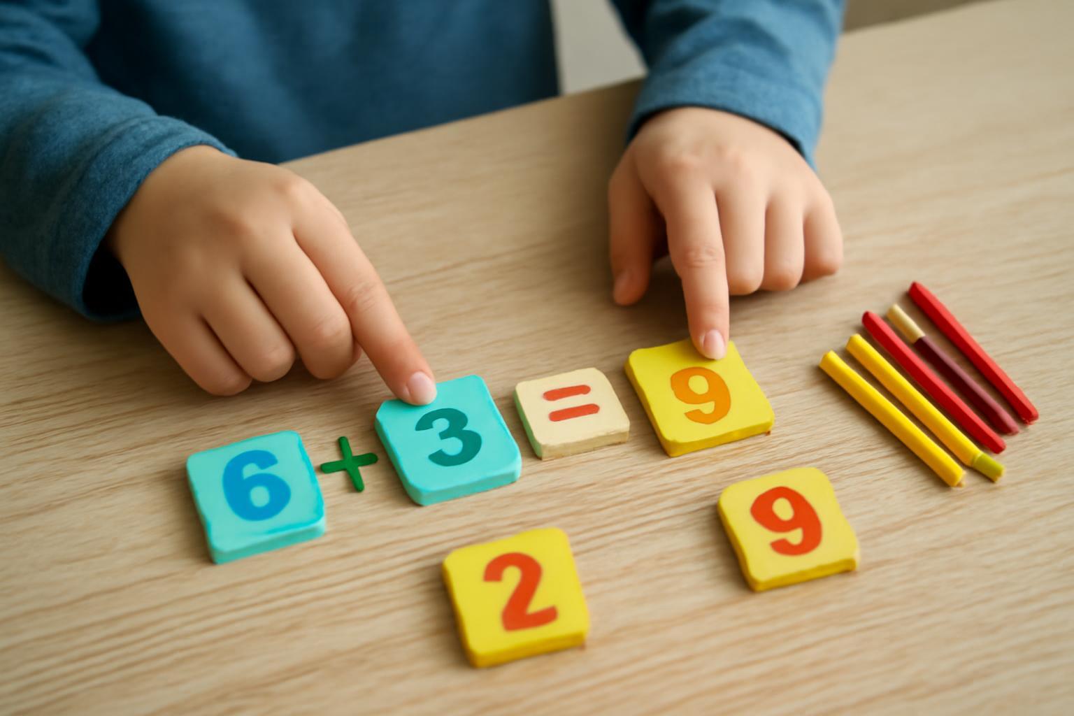 Egy gyermek keze mutat a 6+3=9 képletre, színes számkártyákkal.