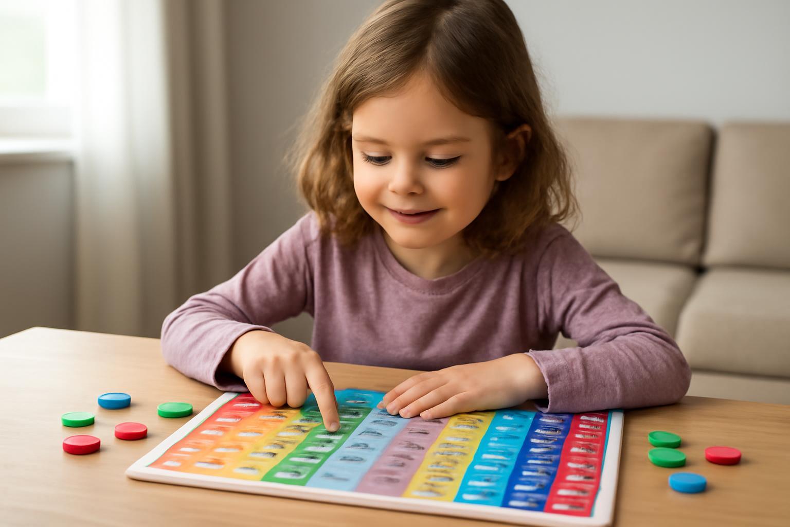 Egy kislány szórakozva tanulja a szorzótáblát színes táblán.