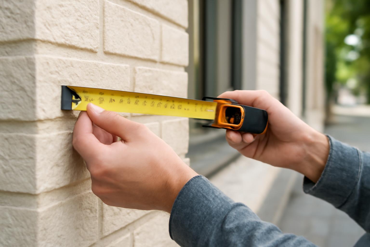 Egy ember mérőszalaggal méri a fal szélességét, a kerület meghatározásához.